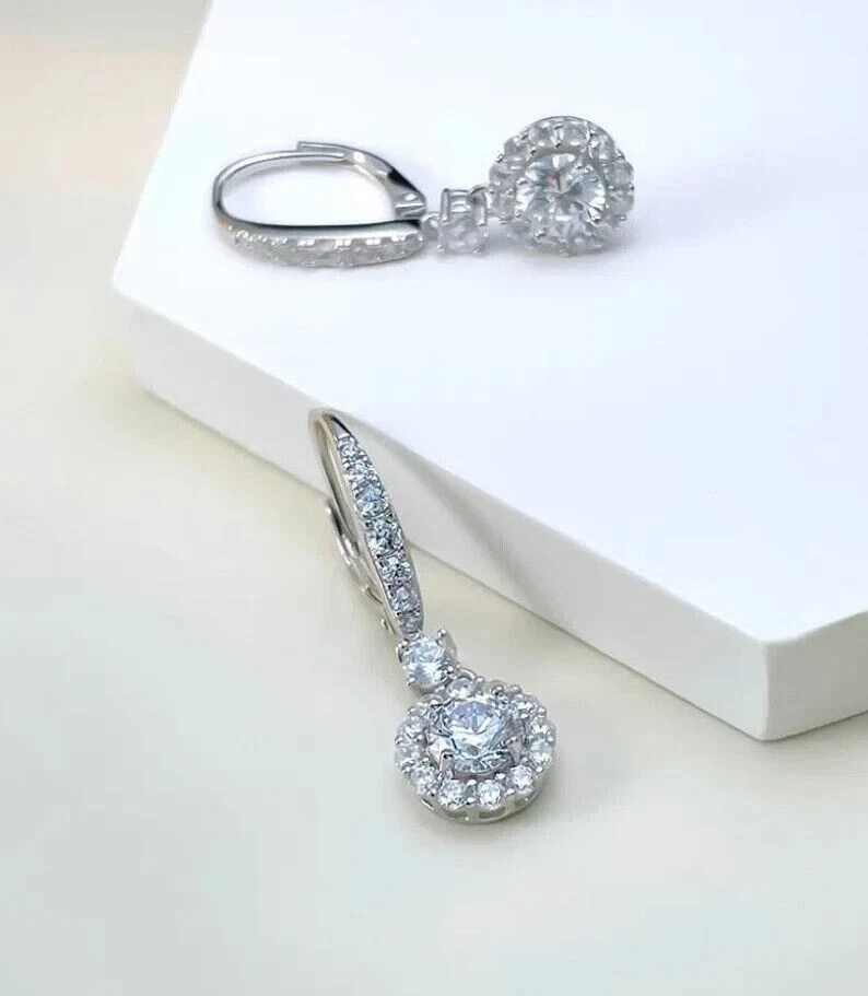 2.10CT Round-Cut Simulated Diamond Dangle Drop Earring In 14K White Gold Plated