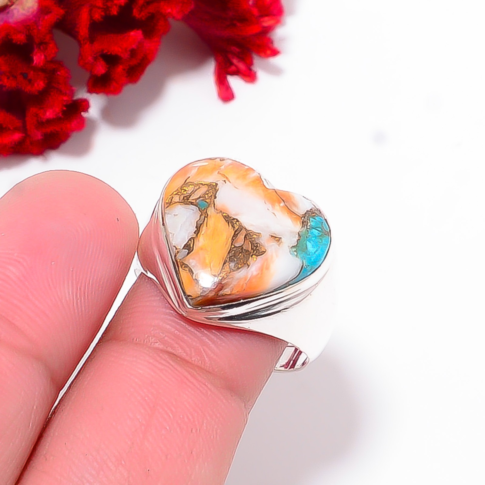 Heart – Copper Spiny Oyster Arizona Turquoise 925 Sterling Silver Ring S.9.5 R12