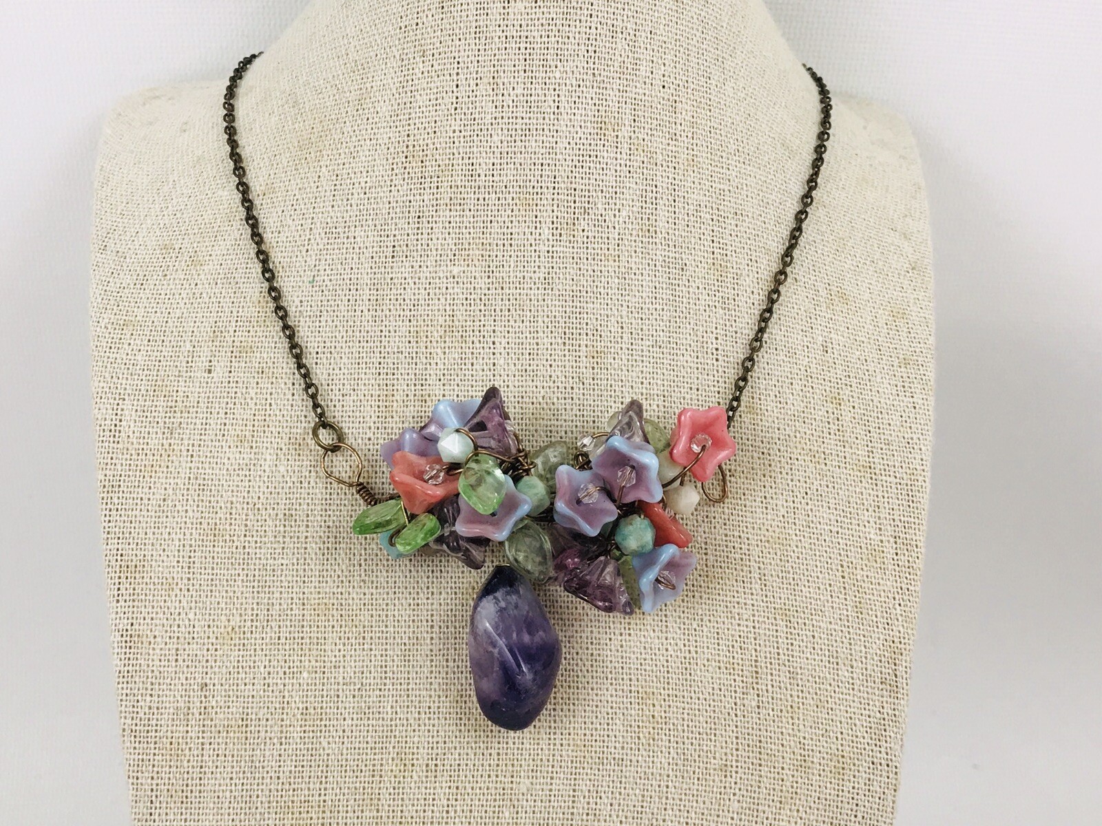 Amethyst Cluster Stone Drop Wire Wrap Necklace Glass Flower 18.5″