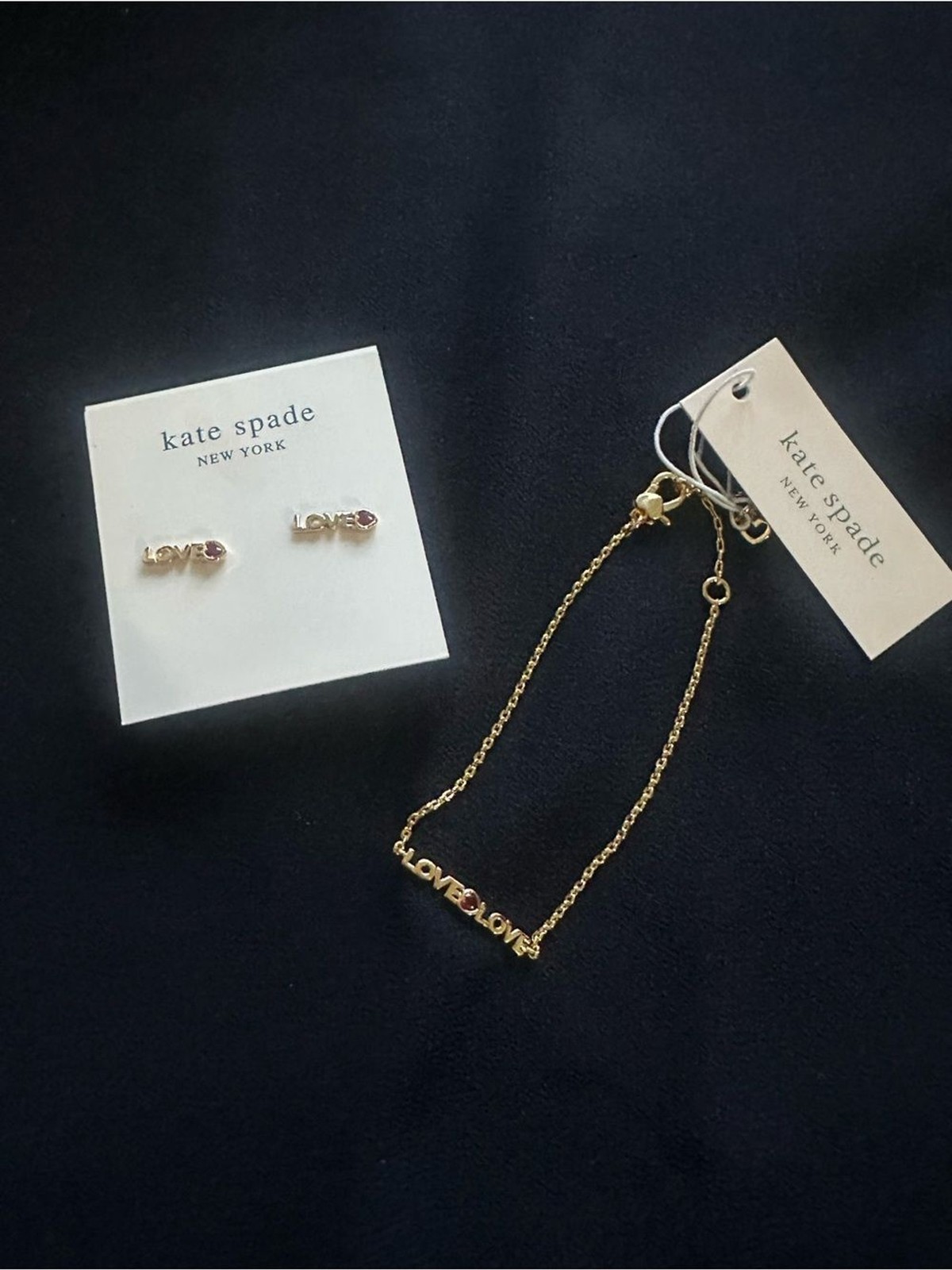 kate spade gold LOVE bracelet and stud earring set