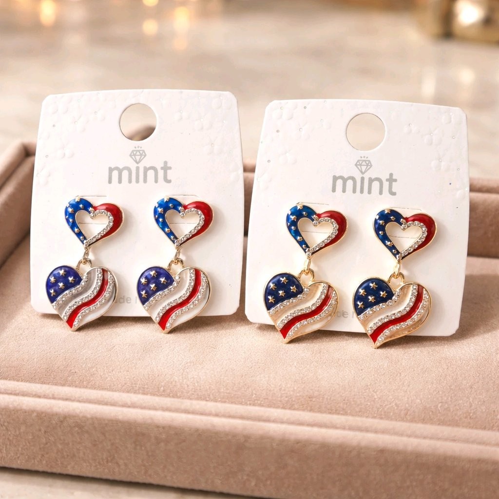 Patriotic USA Flag Heart Dangle Earrings Rhinestone Red White Blue 4th of July