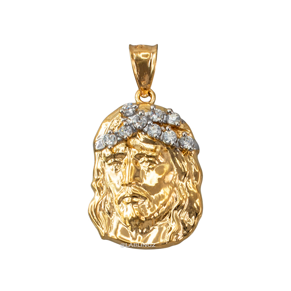 Yellow Gold Jesus Face CZ Pendant (S/L)