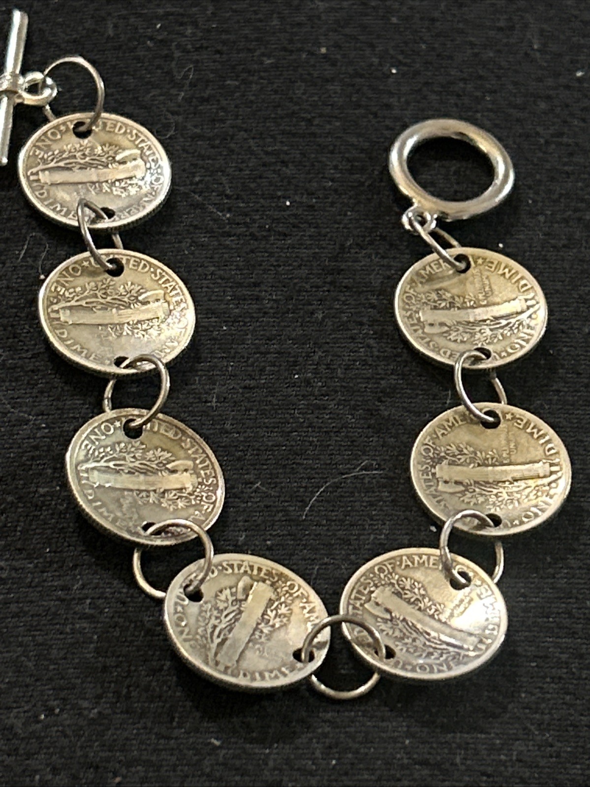 Repousse’ Mercury Dime Coin-Bracelet,.925, Toggle Clasp