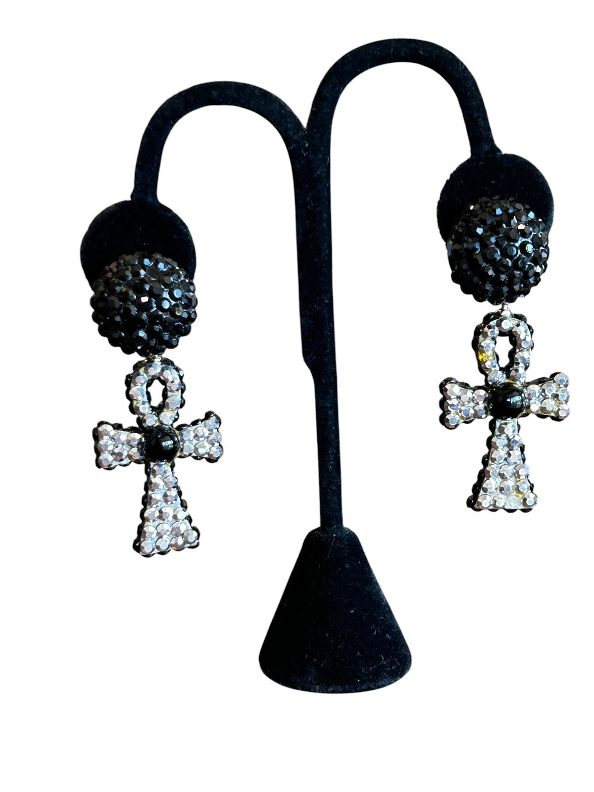 Richard Kerr Black Rhinestone Ankh Cross Clip On Earrings Signed Vintage