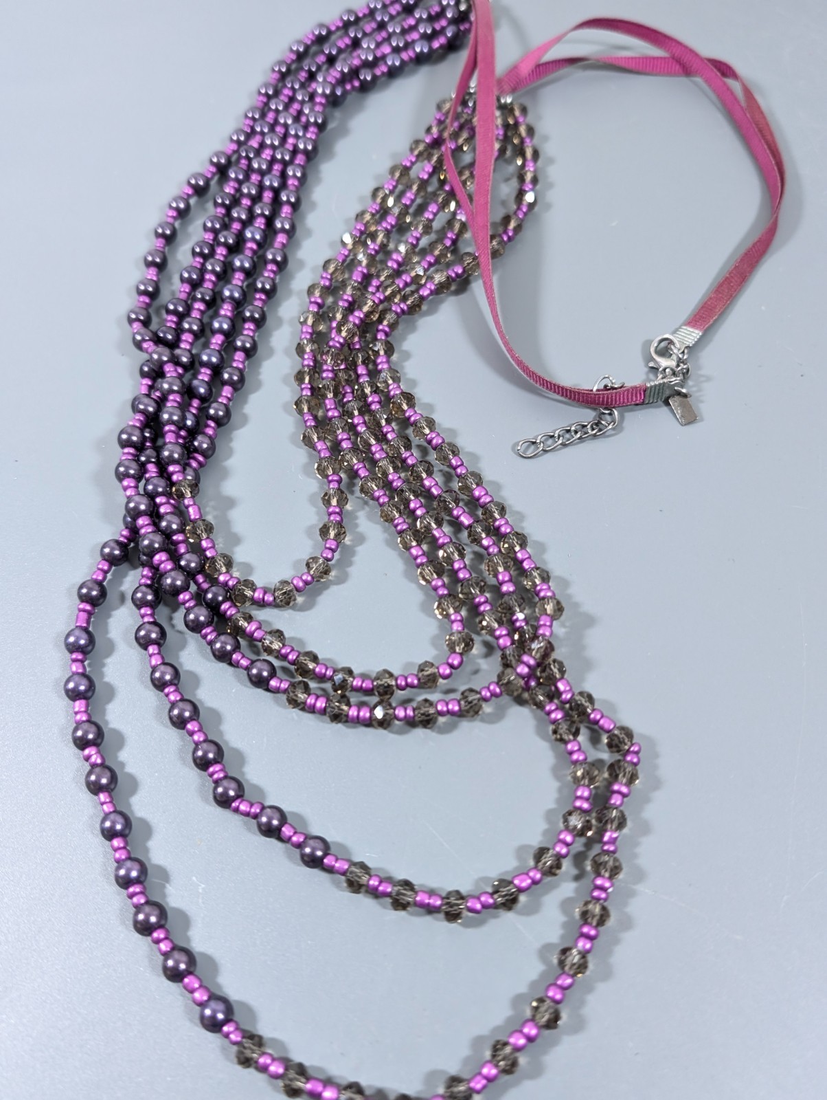 Lane Bryant Purple Faux Pearl Bead Layered Ribbon Necklace 35 in