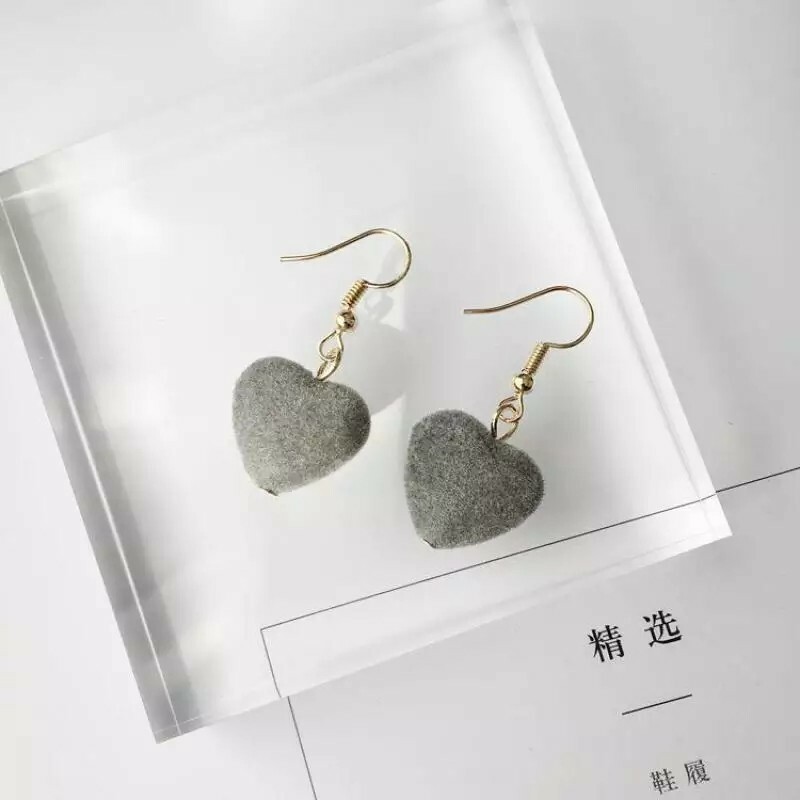 New Retro Velvet Sweet Girl Geometric Love Hair Ball Heart Earrings Jewelry Stud