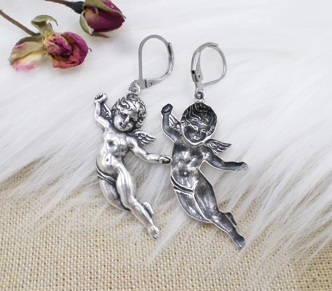 Sterling Silver Plated Cherub Cupid Dangle Earrings, Guardian Angel Jewelry