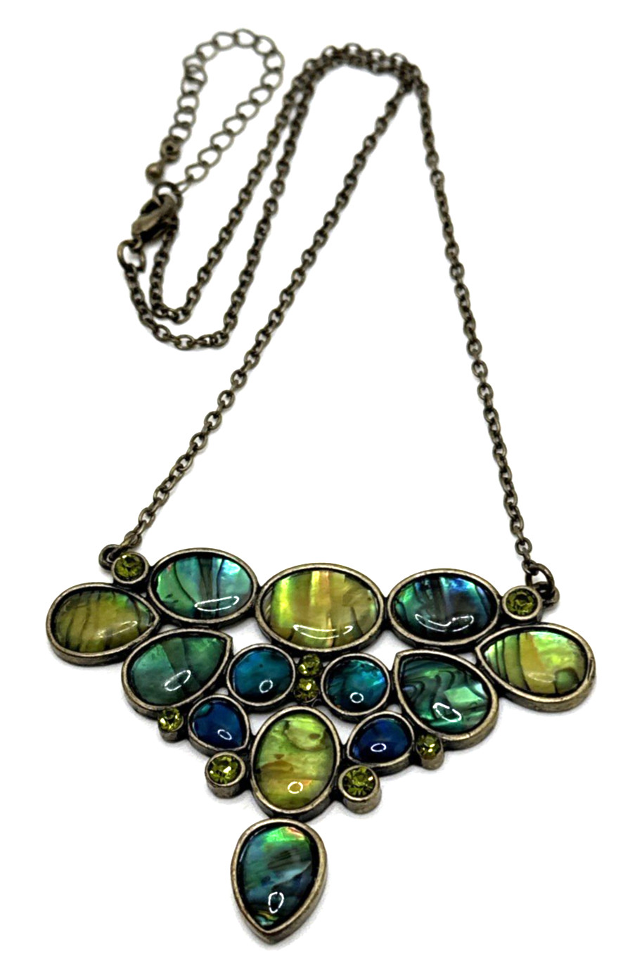 Abalone Pendant Necklace Bronze Tone Oval Cabs Green Rhinestone Accent 19″ – 22″