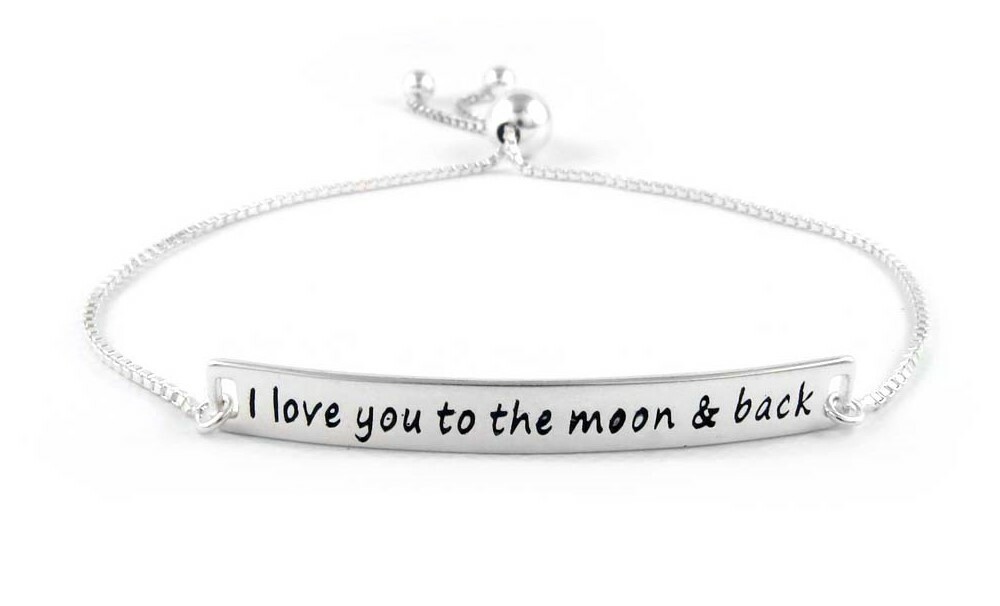 Sterling Silver Engraved Bar Bracelet I Love You to The Moon & Back Adjustable