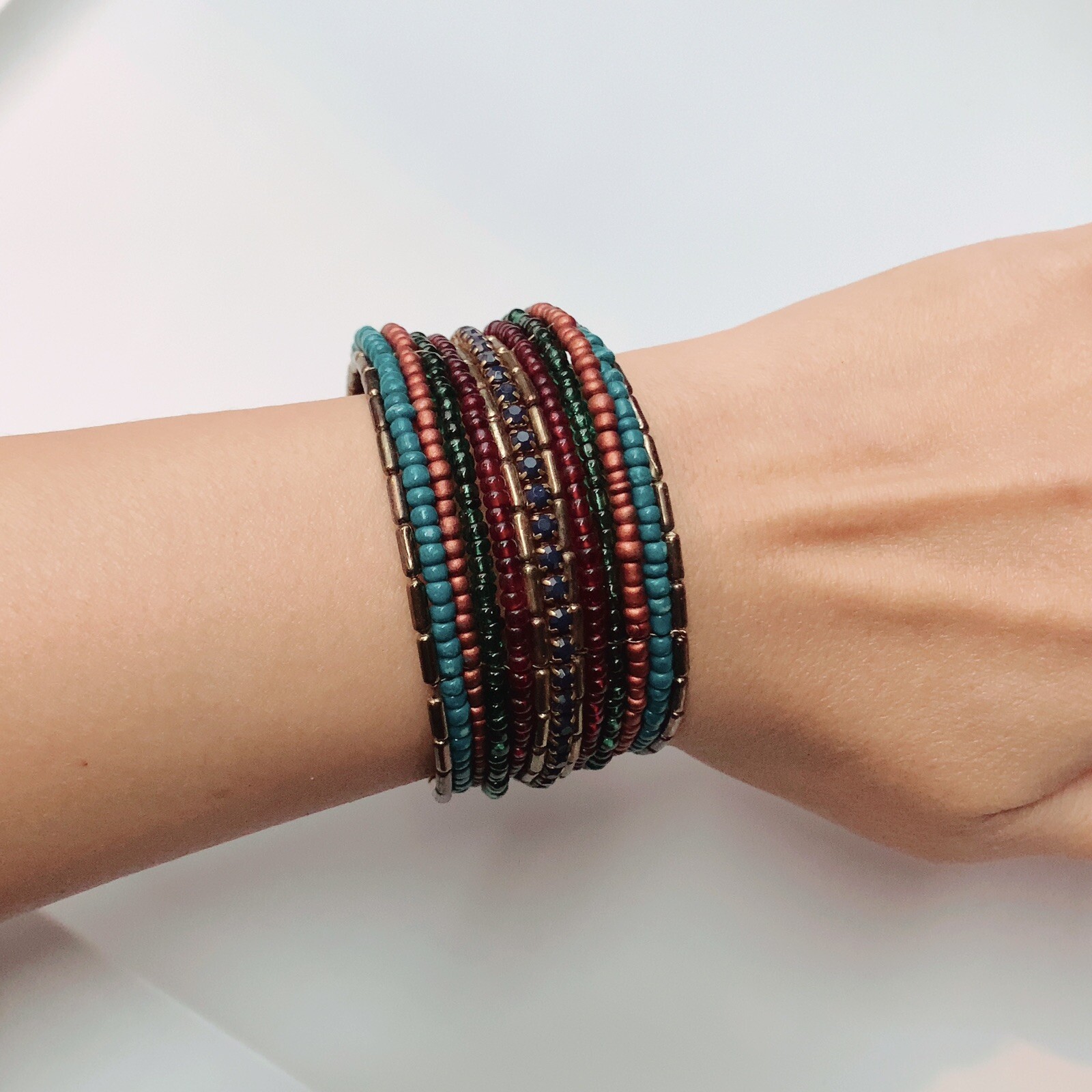 Blue Pink Gold Beaded Cuff Fashion Bracelet