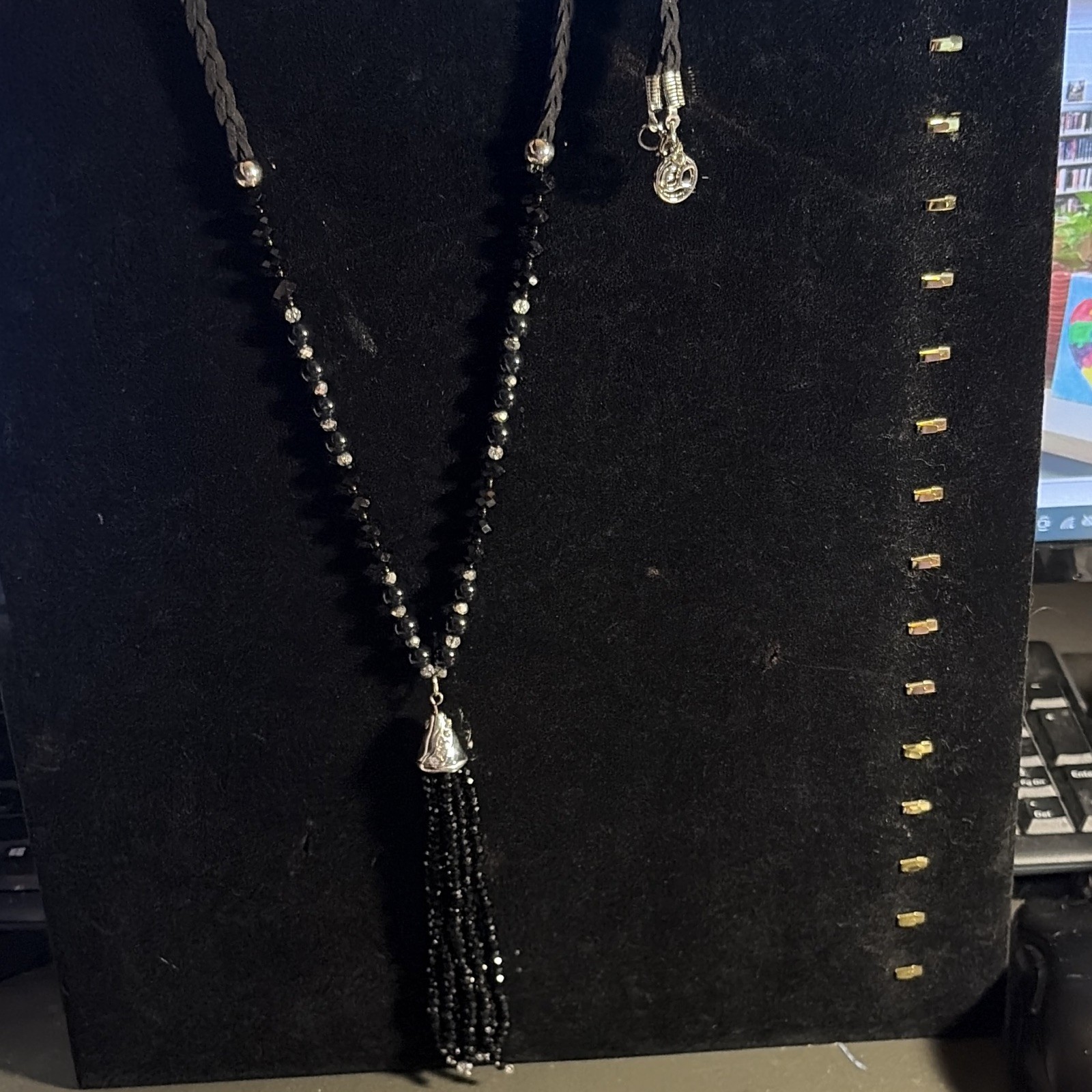 Erica Lyons Black Glass Beaded Ball Chain Necklace with Tassel Pendant