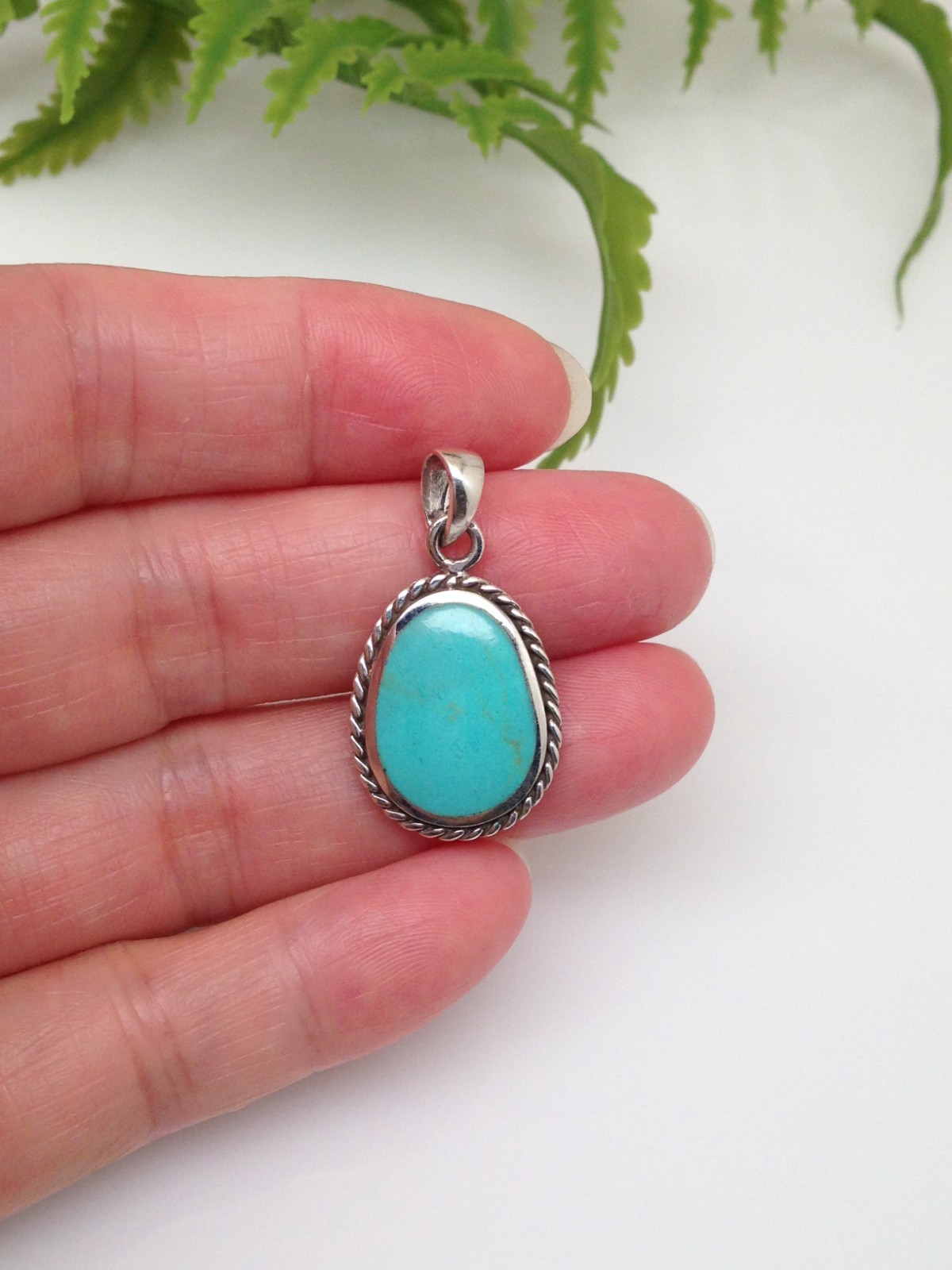 925 Sterling Silver Oblong Turquoise Twisted Rope Pendant Women 20mm(0.79″)/29mm