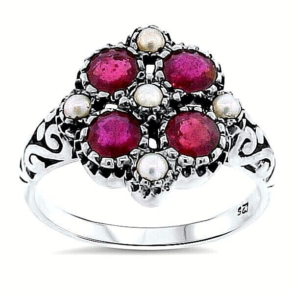 GENUINE RUBY & PEARL 925 STERLING SILVER NOUVEAU ANTIQUE STYLE RING 117X