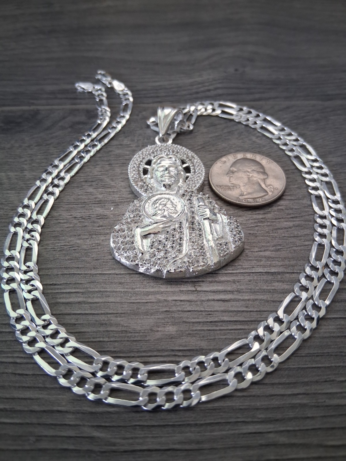 cadena y san judas c/zirconia plata 925 /silver chain & st jude 24″ 4.9mm long.