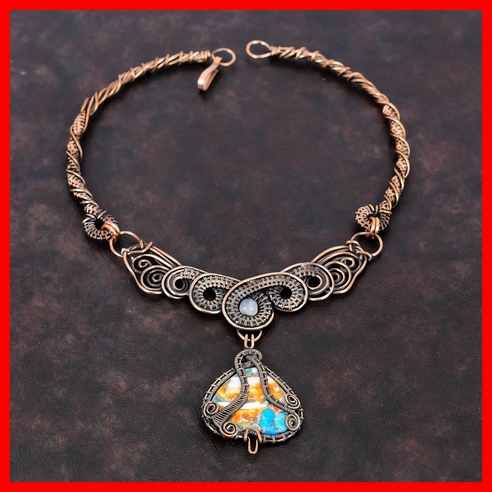 Spiny Oyster Copper Turquoise Stone Rainbow Moonstone Hook Chain Necklace Copper