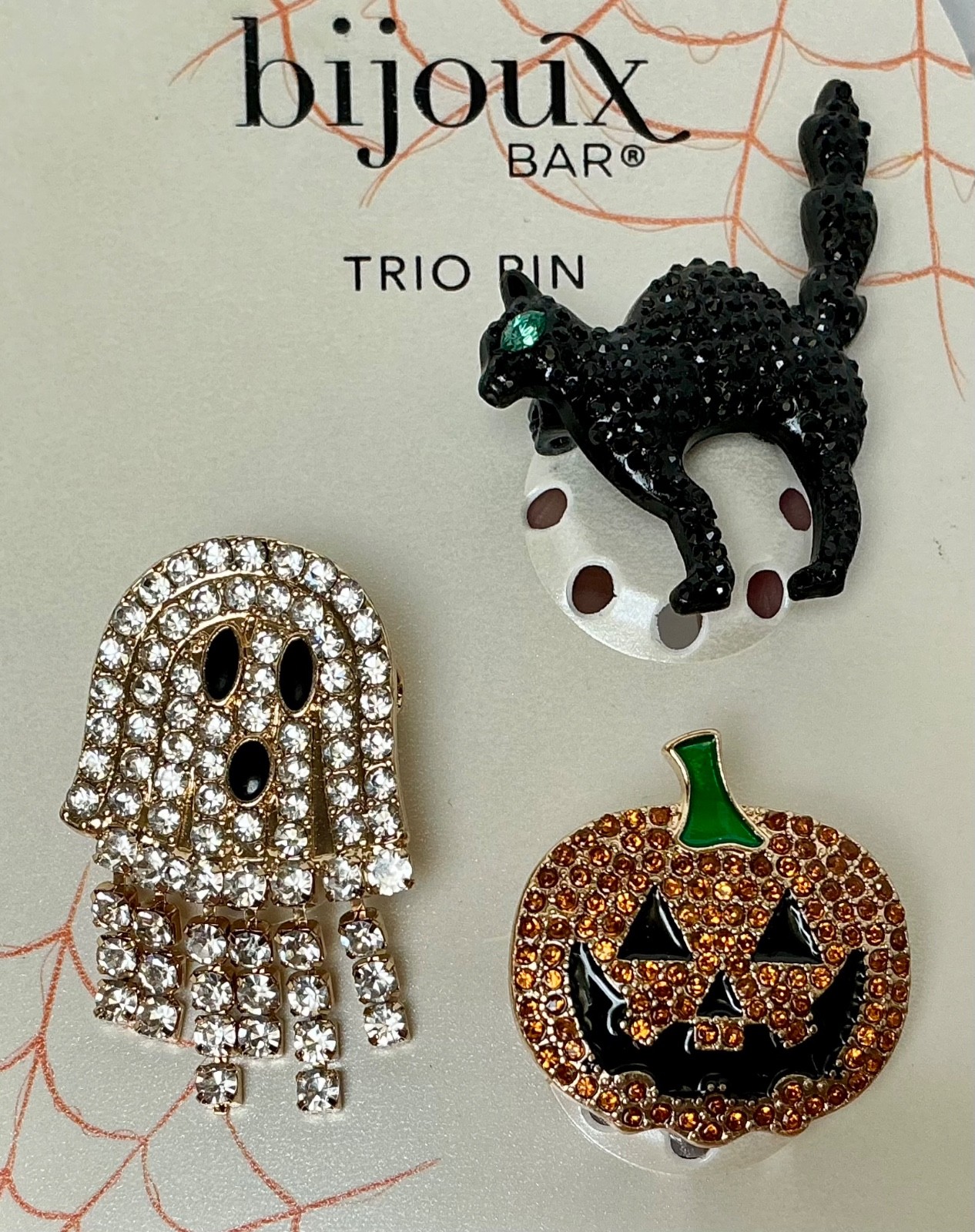 Halloween Rhinestone Pin Trio Black Cat Pumpkin Ghost Bijoux Bar NEW ON CARD