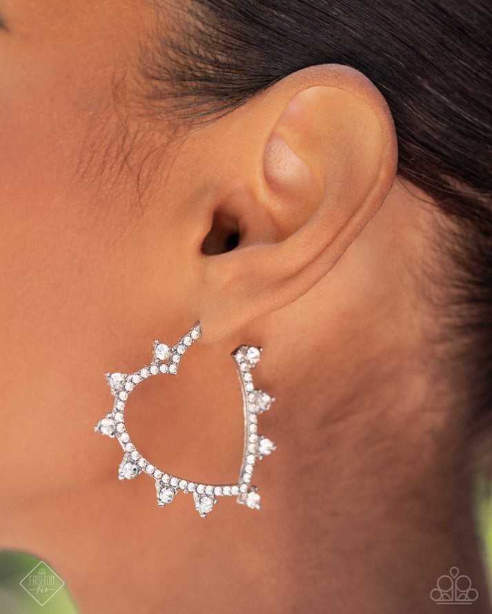 Paparazzi Silver Plated Clear Rhinestone Heart Hoop Earrings Post Back