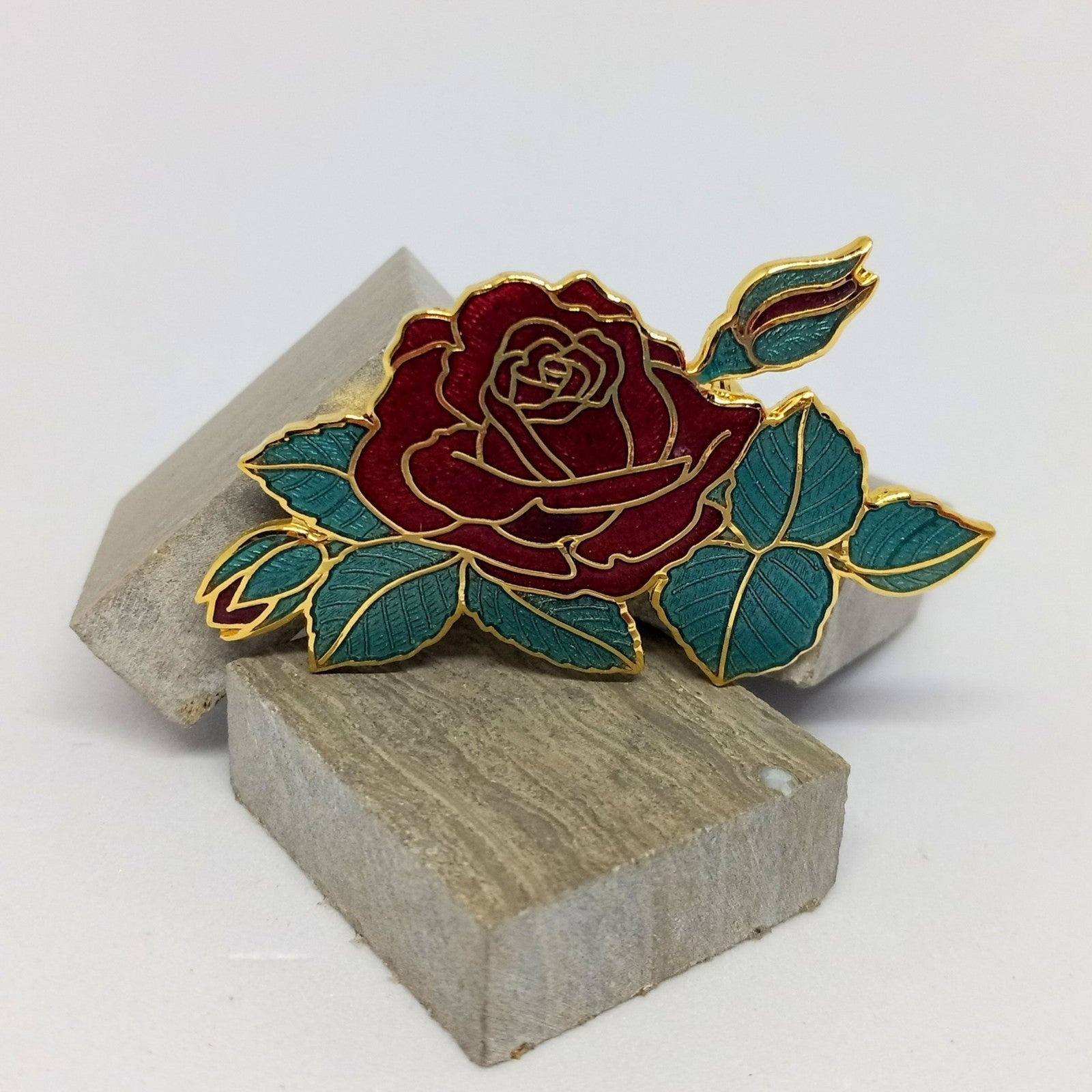 Vintage Cloisonné Enamel Red Rose Brooch-Signed-Floral-Cottagecore-Retro