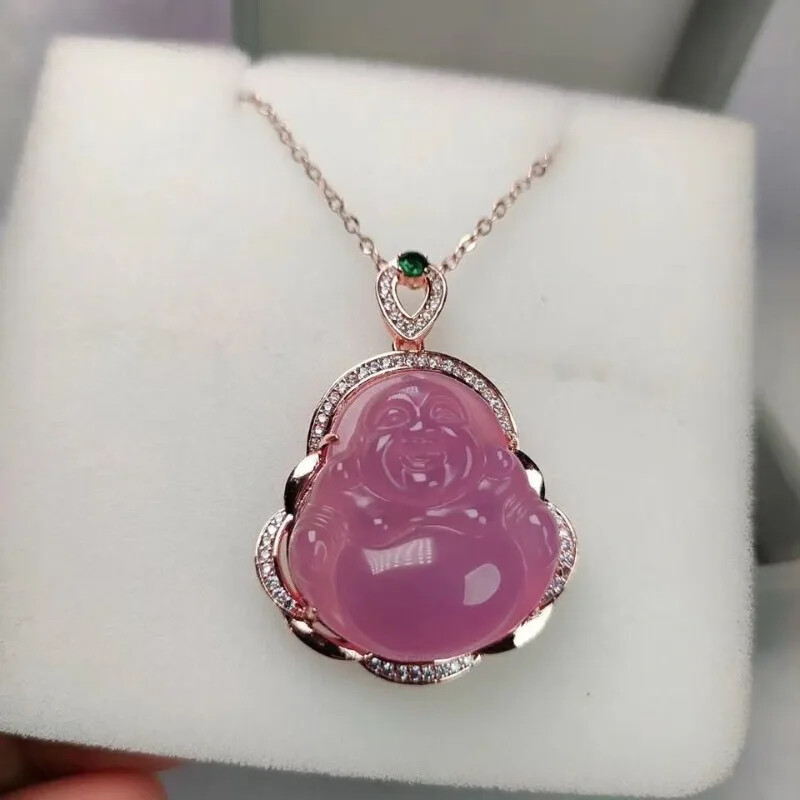 Violet Pink Chalcedony Buddha Agate Maitreya Buddha Necklace Pendant