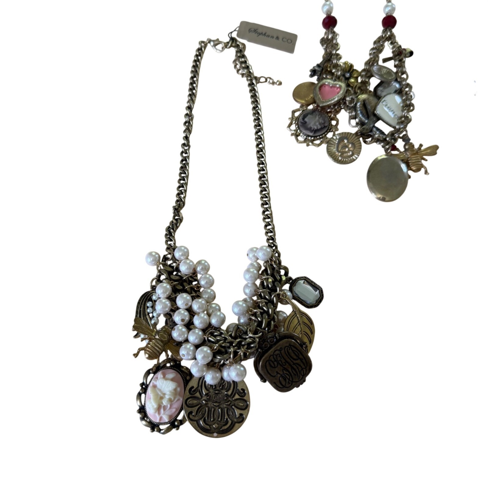 Vintagenspired Charm & Pearl Statement Necklaces Gold-Tone Chains