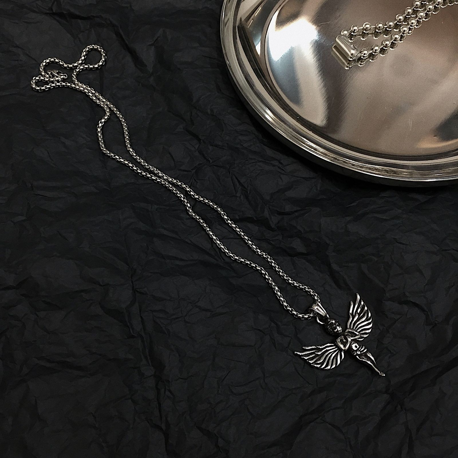 Vintage Silver Angel Wing Pendant Necklace Thin Rope 70cm Chain Men Jewelry