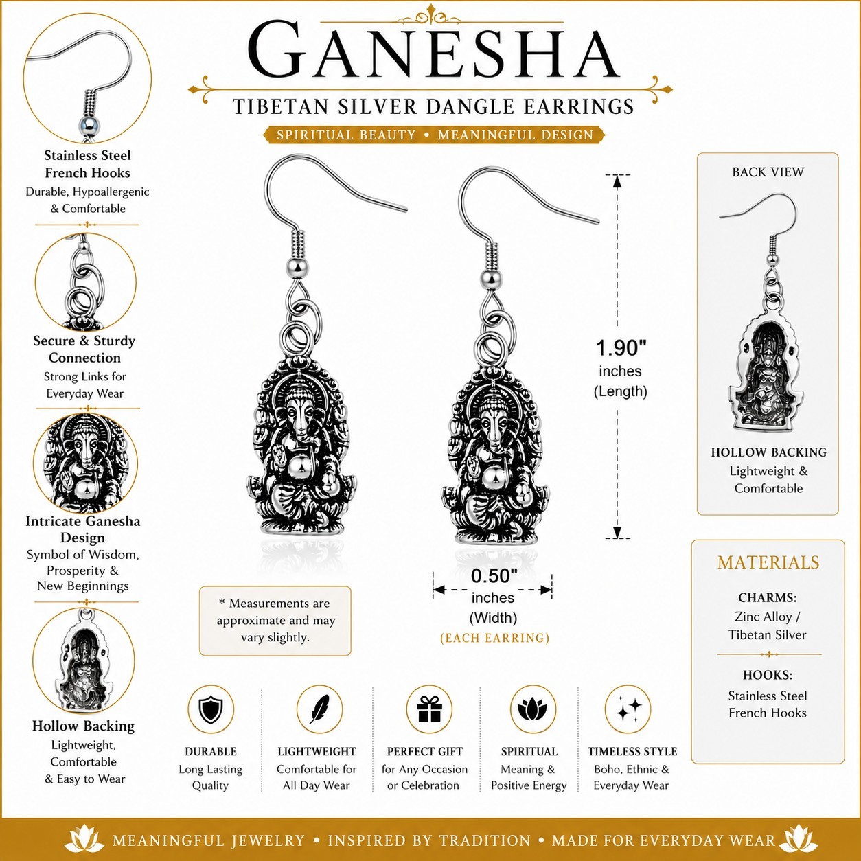 Ganesha Dangle Earrings Tibetan Silver Hindu Elephant God Spiritual Yoga Jewelry