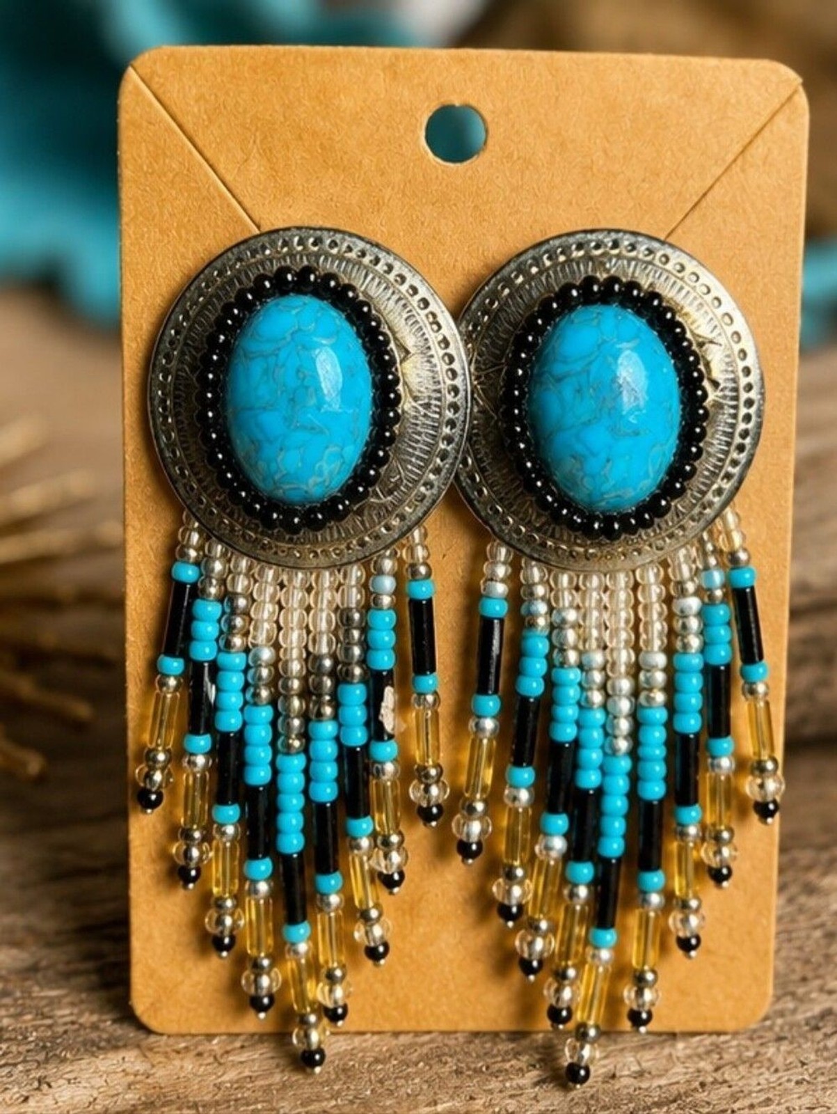 NWOT Southwestern Faux Turquoise Beaded Fringe Statement Earrings | Western Boho