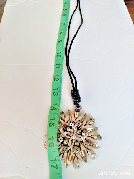 Silver Tone Flower Brooch Corded Necklace Hang Tag-Elisa