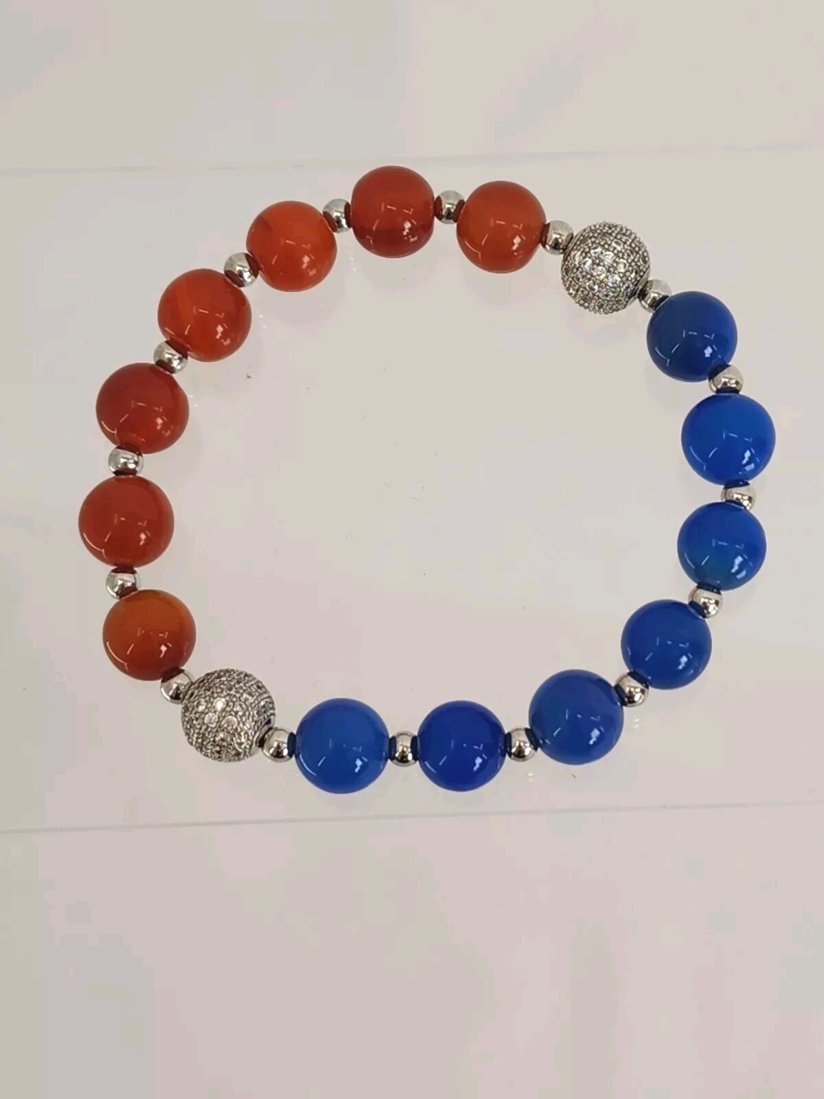 Red White And Blue Patriotic Stretch Bracelet White Rhinestones & Silver Spacer