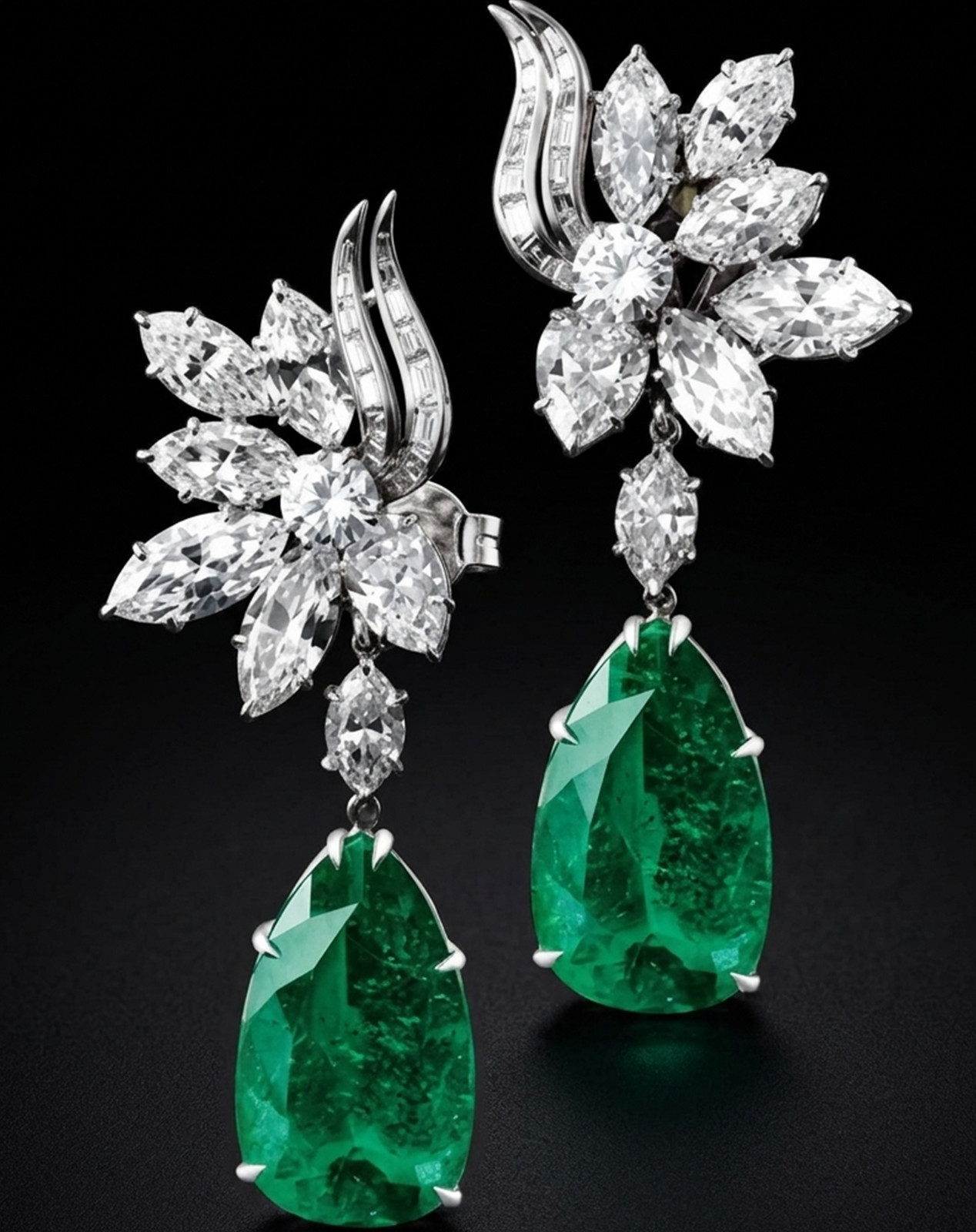 Green Pear Cut CZ Stone 925 Silver Cluster Set Engagement Drop Dangle Earrings