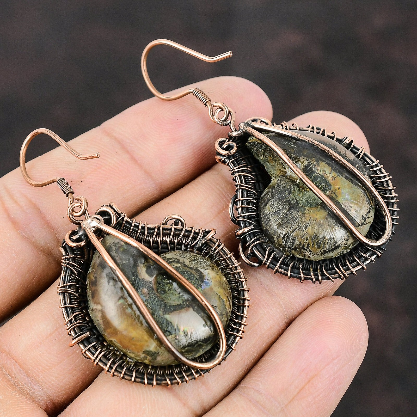 Ammonite Fossil Wire Wrapped Earrings Handcrafted Copper Dailywear 2.24″