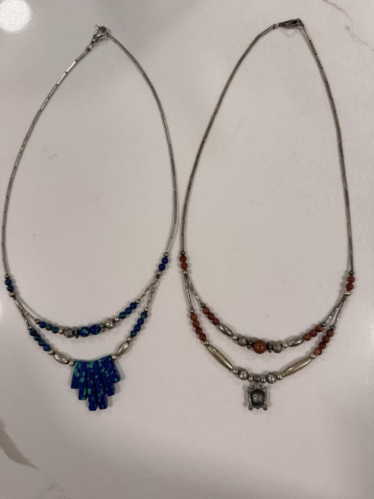2 Handmade Mexican Multistrand Beaded Pendant Necklaces Silver Tone