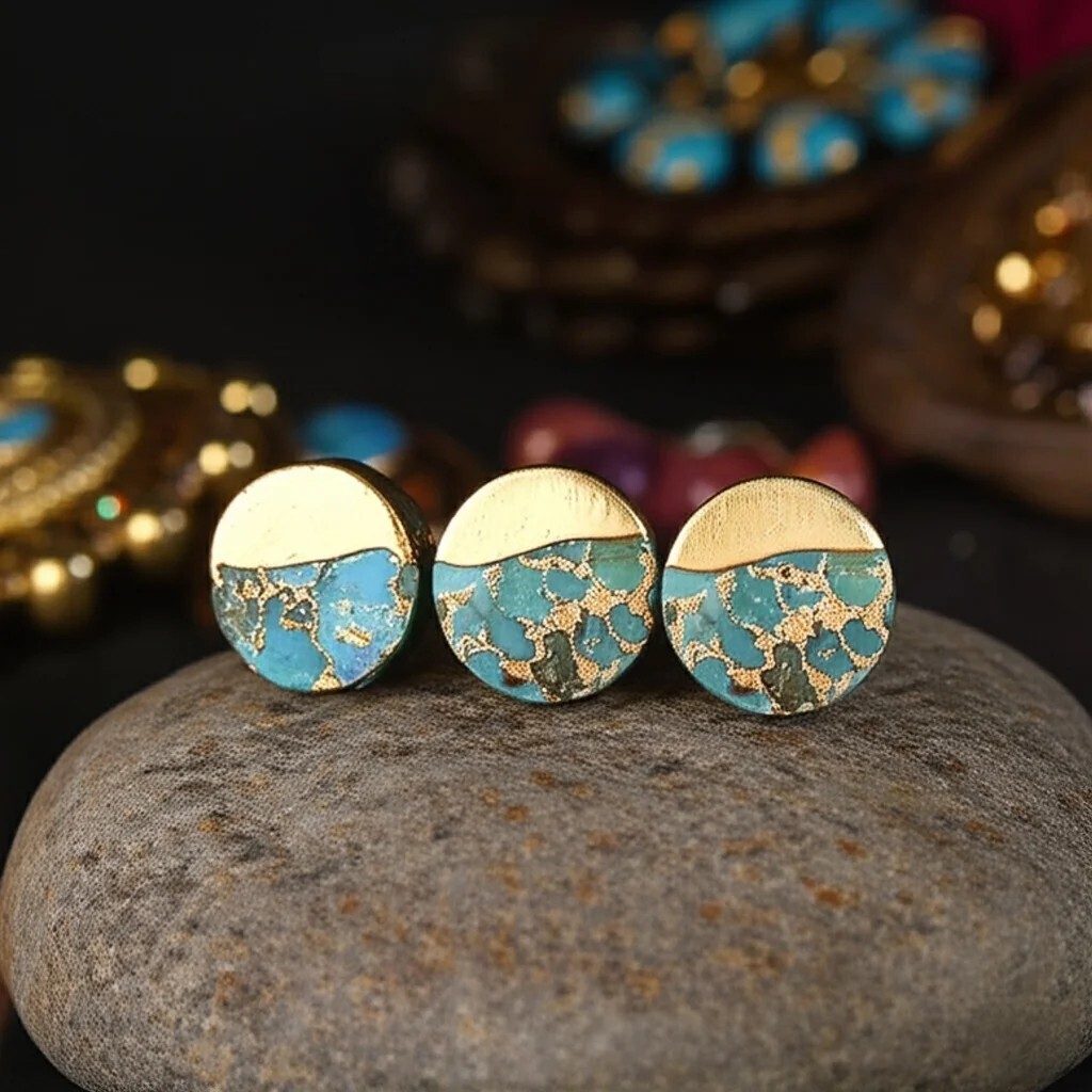 Handmade Natural Turquoise Stud Earrings Blue Gemstone Gold Plated Jewelry Gift