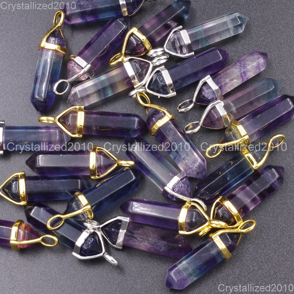 Natural Gemstone Multi-Colored Fluorite Hexagonal Pointed Healing Pendant Beads