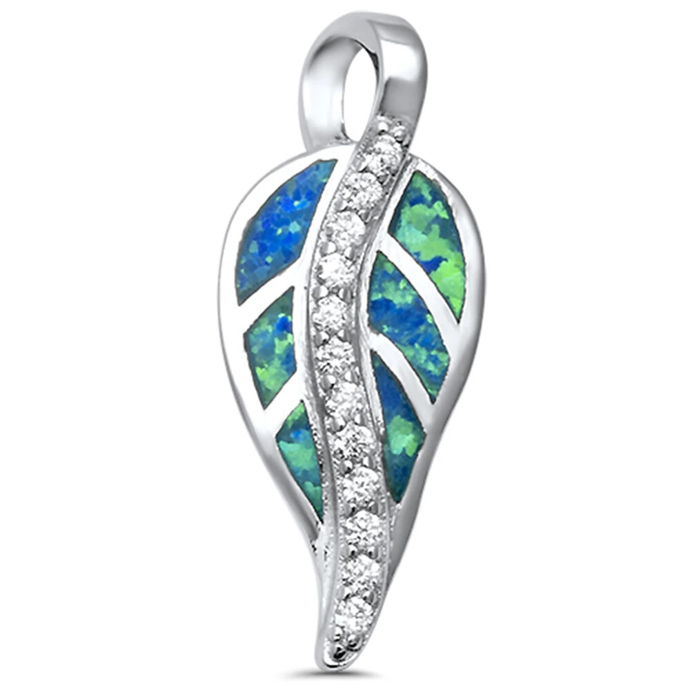 Blue Opal & Cz Leaf .925 Sterling Silver Pendant