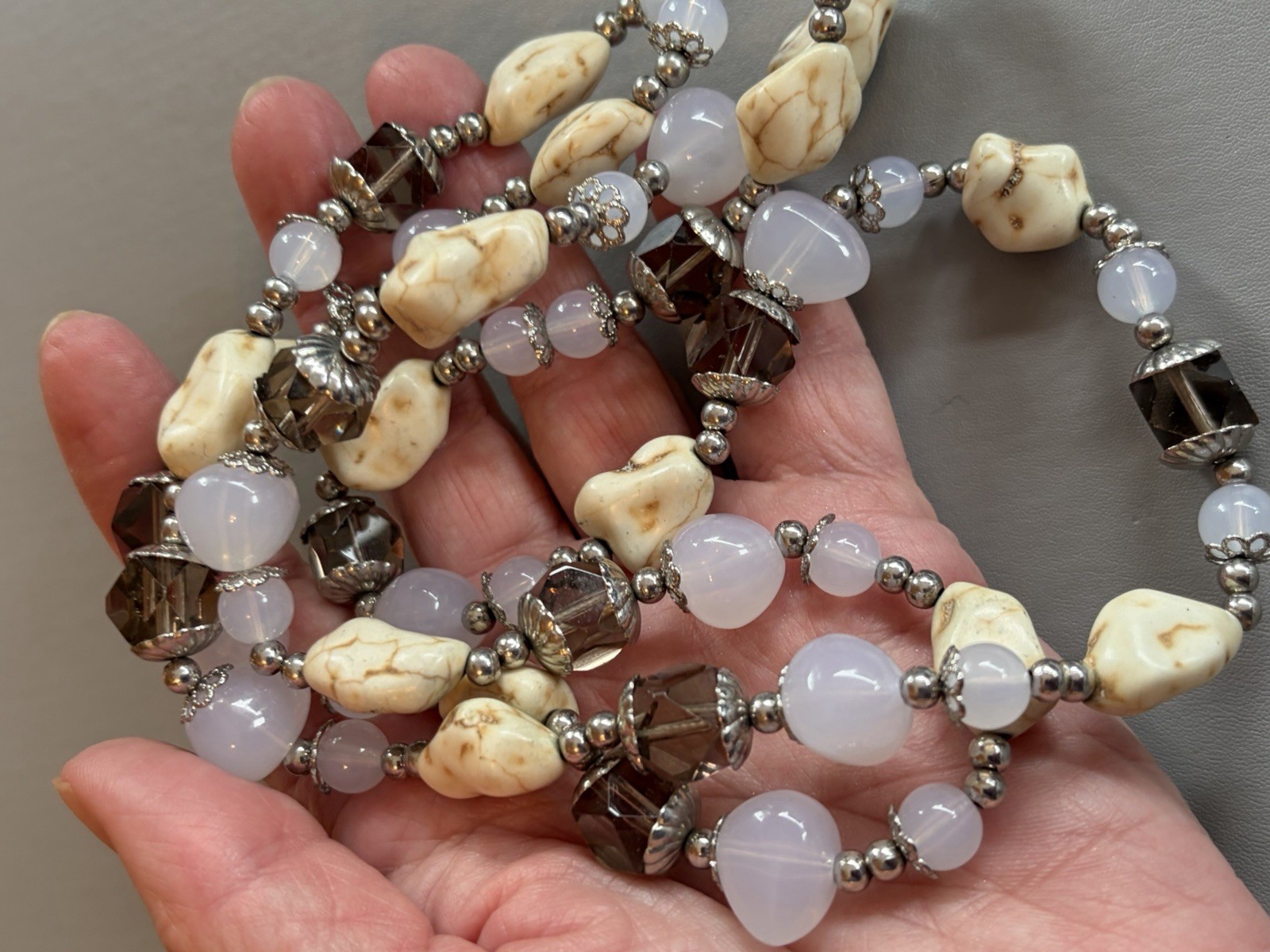 Vintage necklace stone nugget, crystal and glass double strand