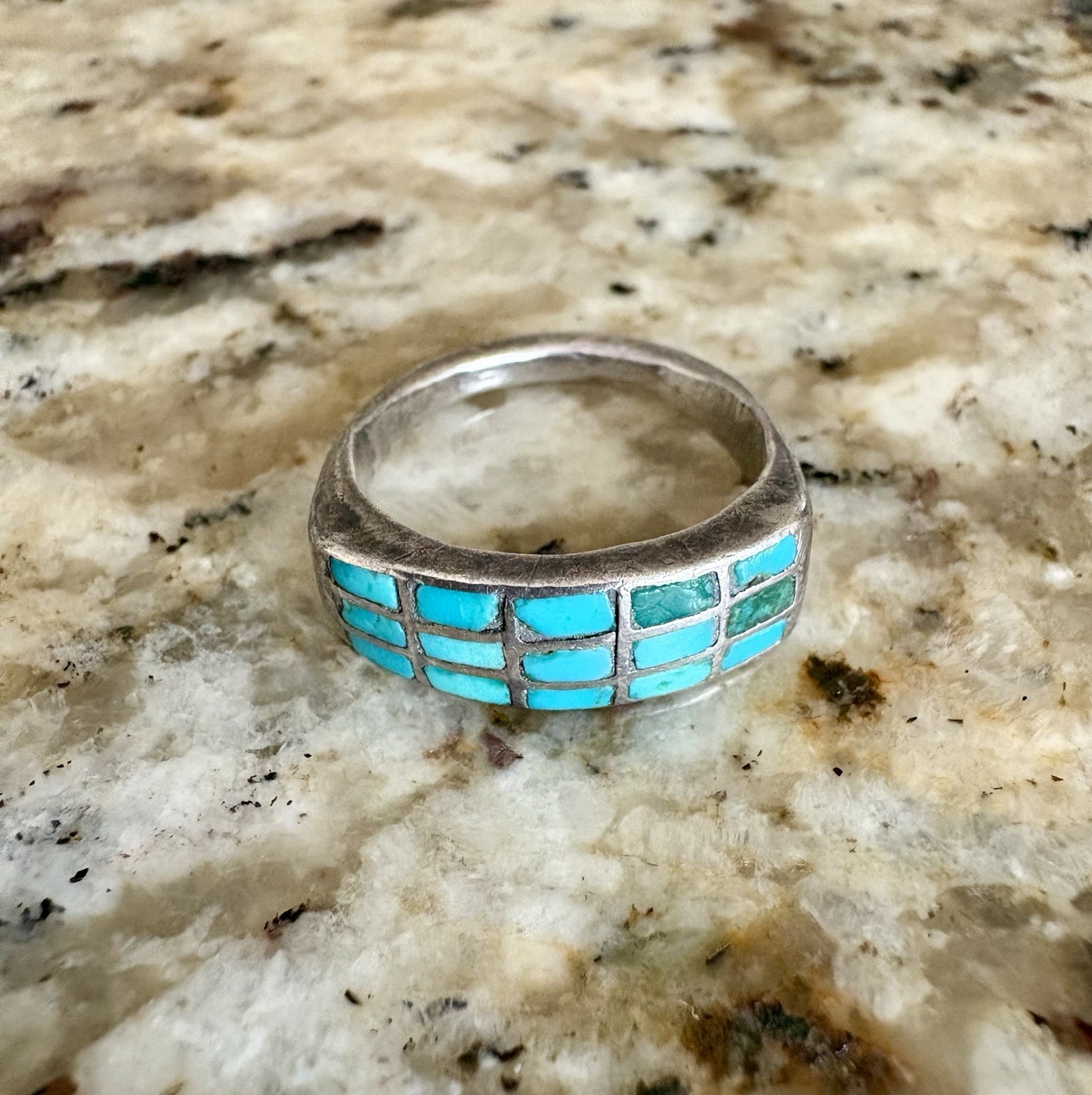Vintage Native American Silver and Turquoise Inlay Band Ring in Size 6.75/7