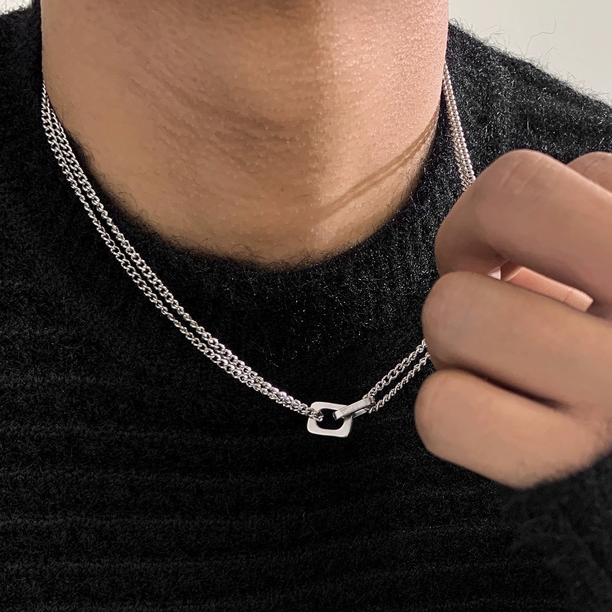 Silver 316 Stainless Steel Double Layer Square Interlock Necklace Men Jewelry