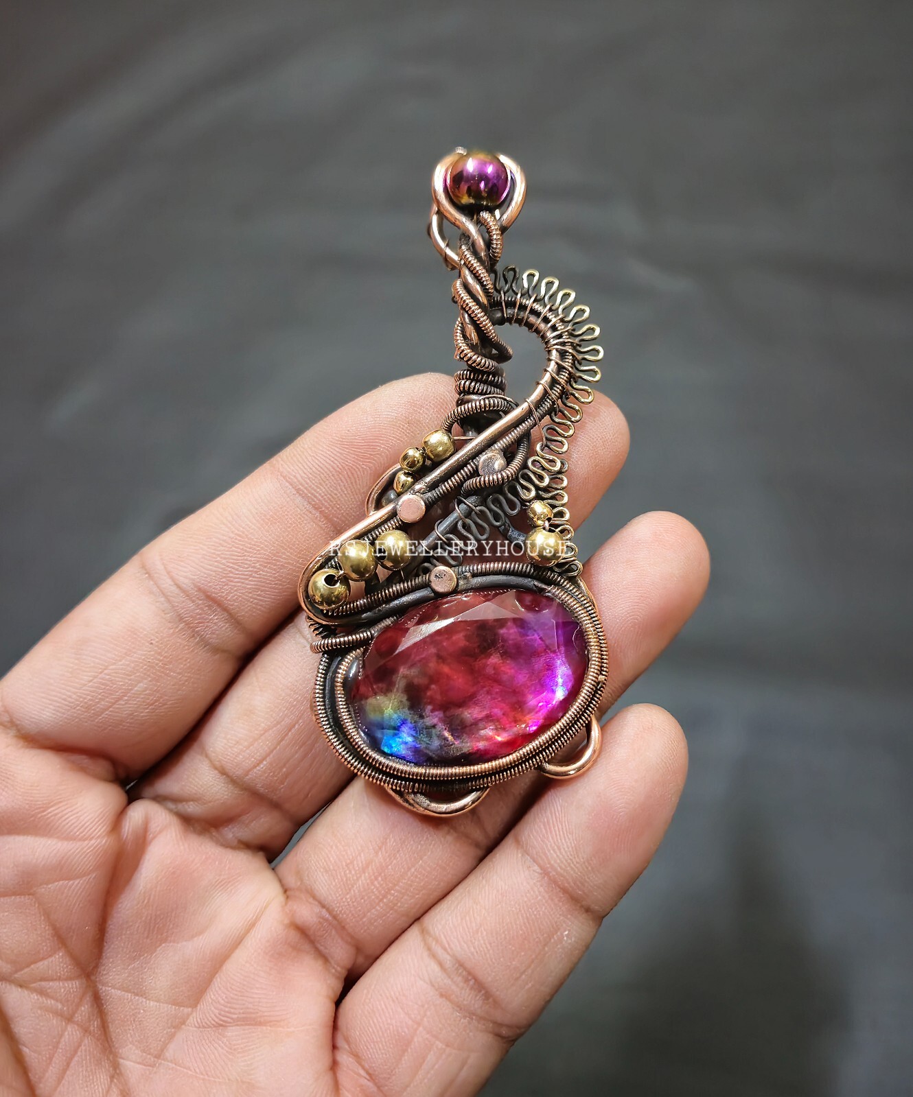 Ammolite Pendant Copper Wire Wrapped Pendant Ammolite Gemstone Pendant Jewelry
