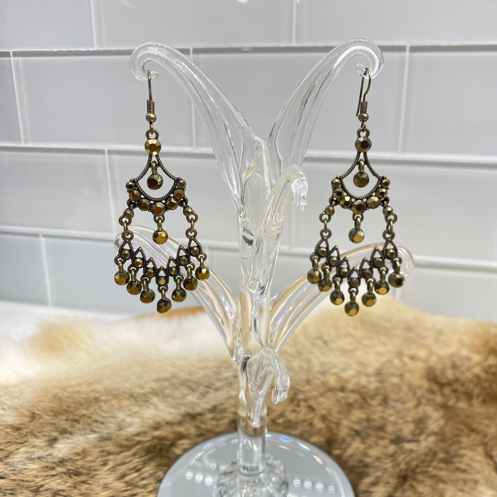 Beautiful Bohemian Drop Bronze Color Chandelier Earrings with Gold/Amber Stones