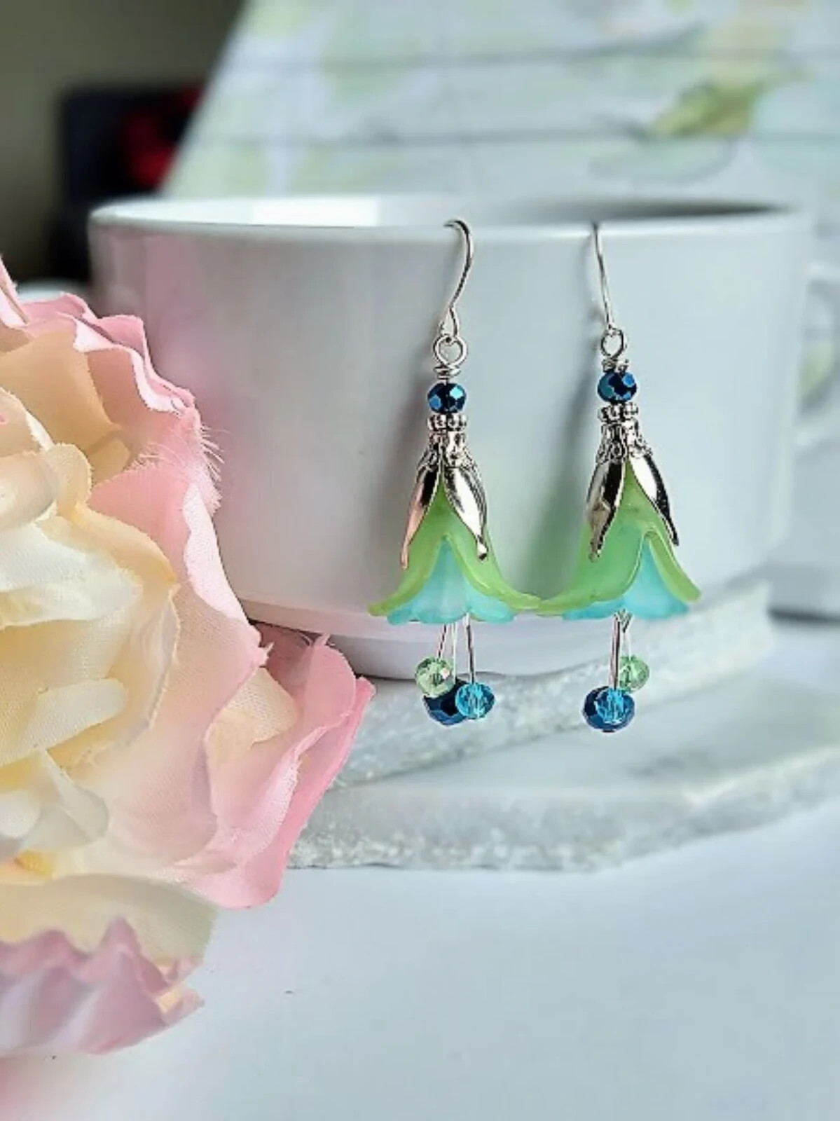 Flower Dangle Earrings Floral Earrings Gift For Her Minimalist Earrings Blue