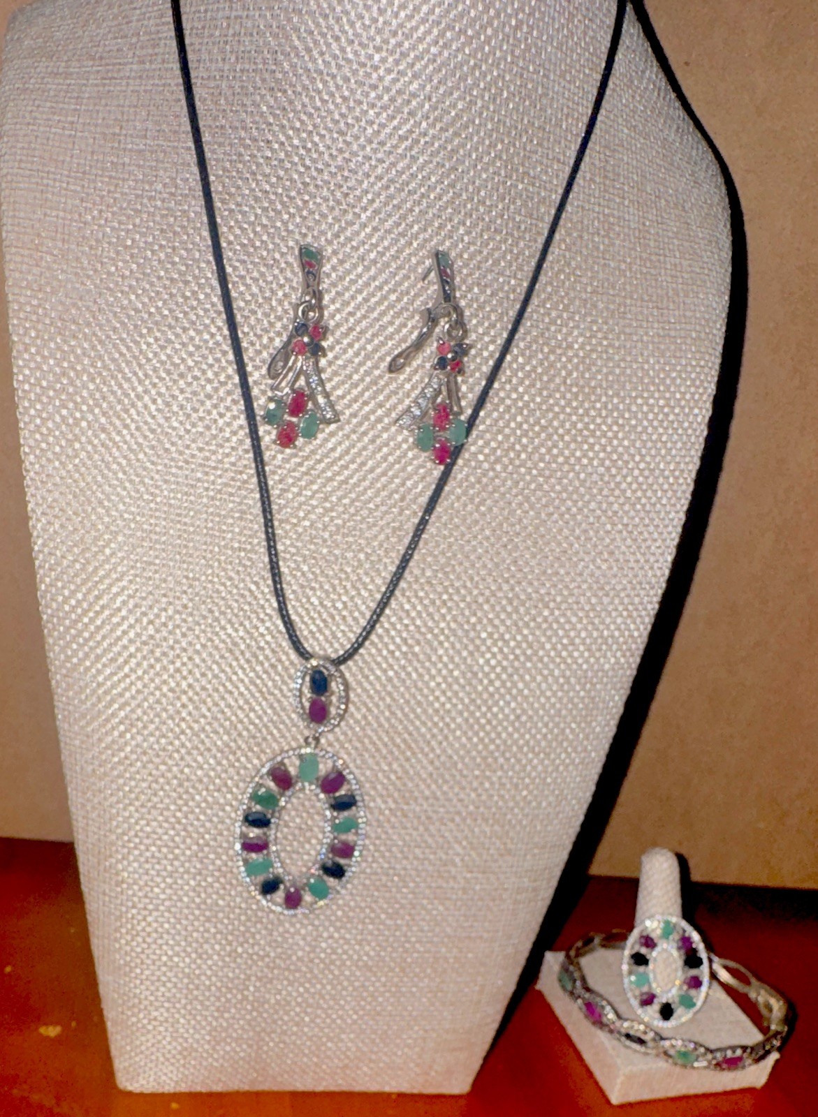 Emerald Sapphire Ruby Oval Stone Necklace, Bracelet, Earrings & Ring Set
