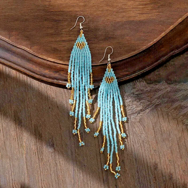 Boho Native American Light Baby Blue Seed Bead Beaded Earrings Fringe Tassel 5″