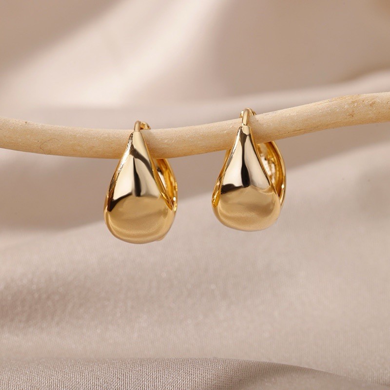 Gold Tone Teardrop Hoop Earrings, Hinged Closure, Metal, No Stone