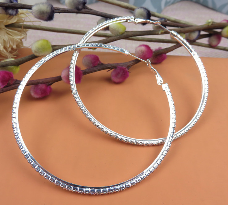 Bling Bling 3″ Silver Rhinestone Crystal Hoop Earrings Big Circle Celebrity