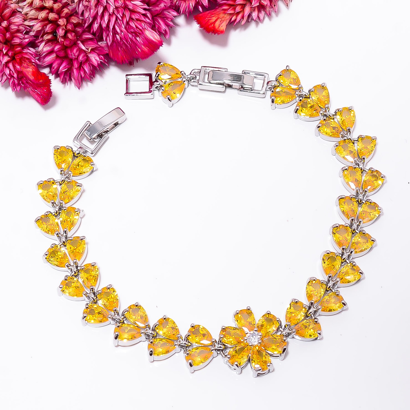Yellow Sapphire -Simulated, CZ 925 Sterling Silver Adjustable Bracelet 7-8″ B89