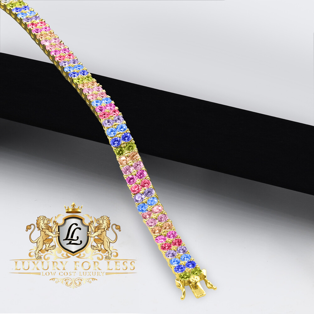 Rainbow Multi High Quality AAA+ Grade Simulated Diamond Gold Tone 2 Row Bracelet