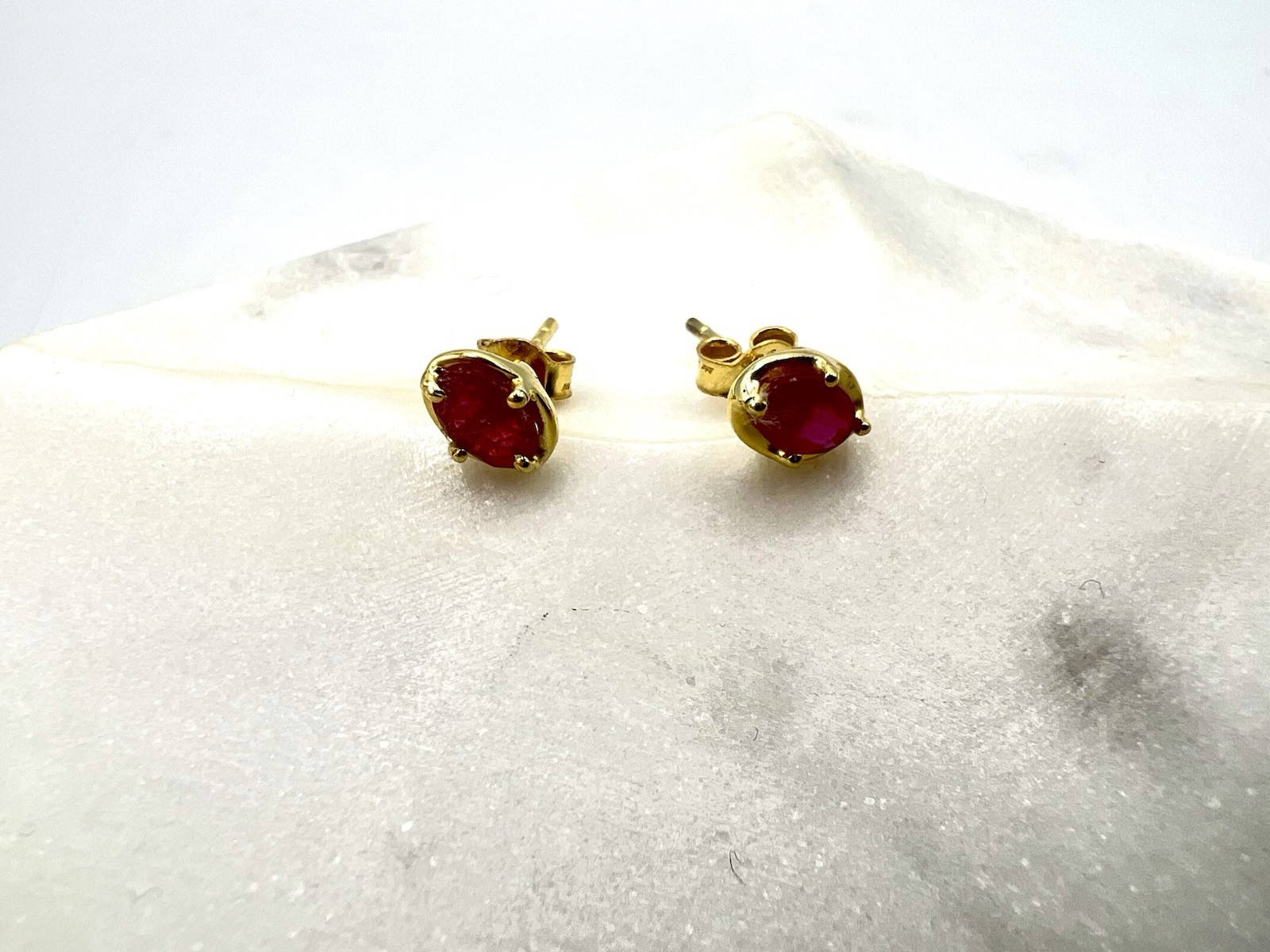 Ruby Gemstone Oval Post Back Earrings – Roost Collection – Gold Plated Silver