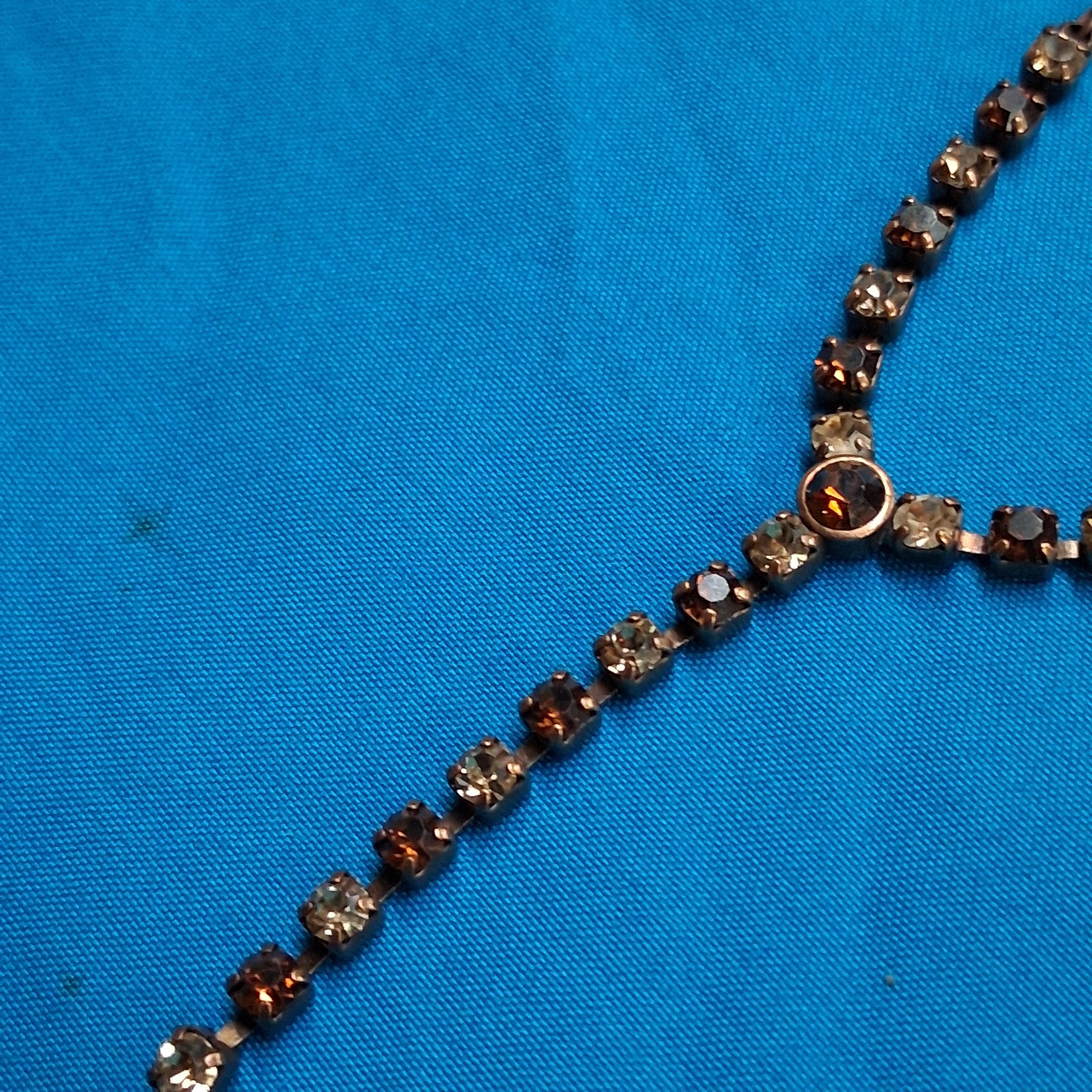 Vintage 1928 Branded Amber Tone Glass Rhinestone Y-Drop Pendant Copper Necklace