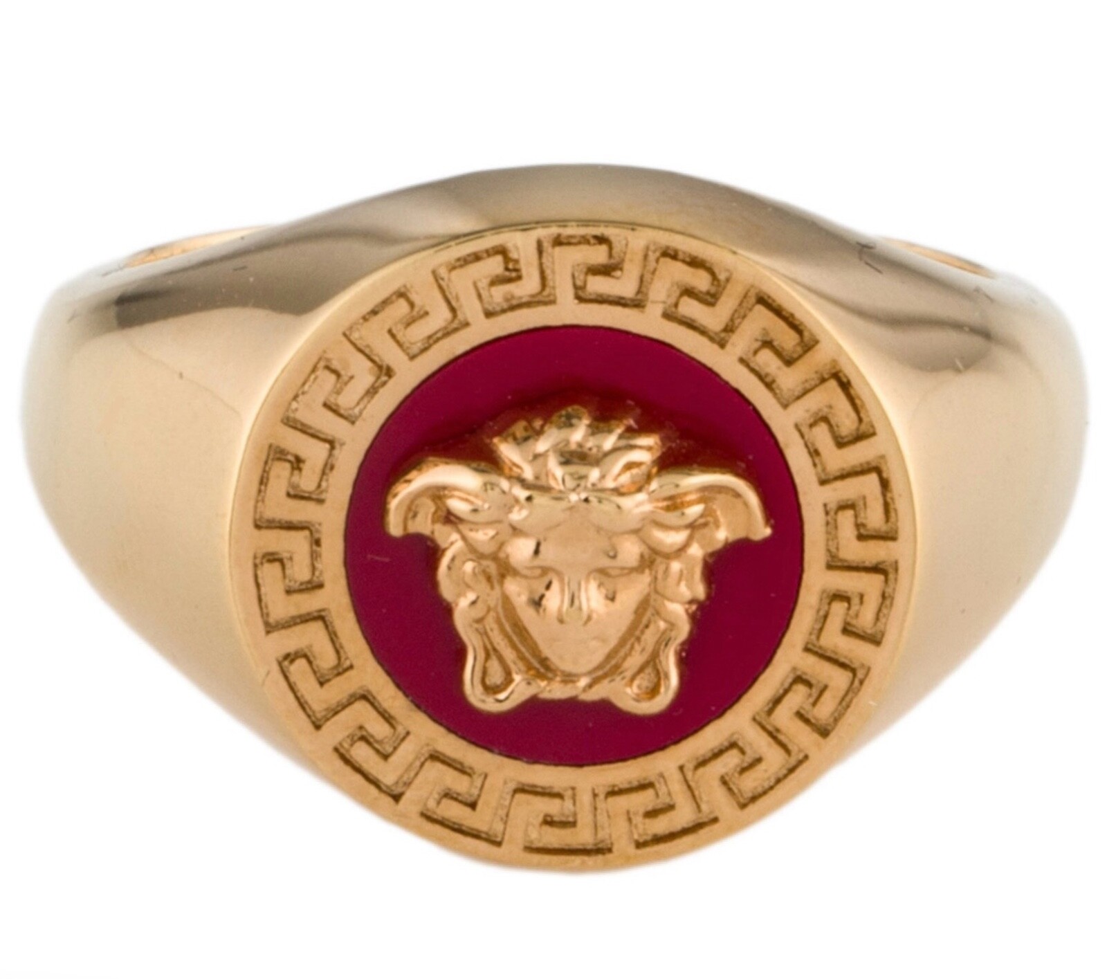 NIB Versace Medusa Logo Red Enamel Round Gold Brass Signet Ring Sz 15 US 7 $595